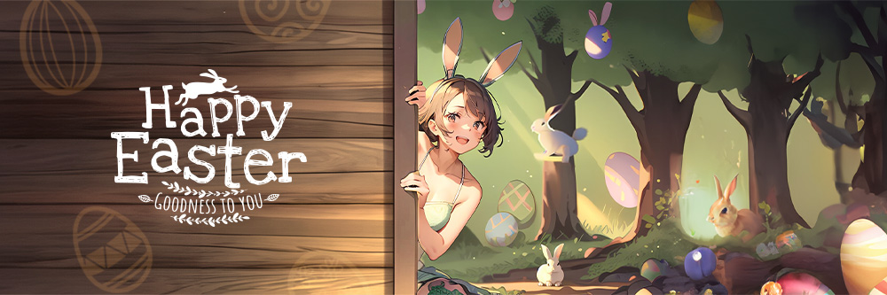 a Easter bunny-themed anime character with Easter egg background